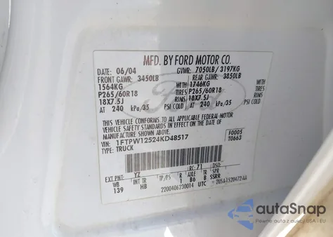 2004 Ford F-150 Lariat/Xlt из США, поврежденный, VIN 1FTPW12524KD48517